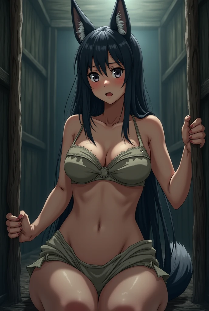 Anime , big busty enormous boobs size largest breasts and big ass curvy narrow pelvis sexy women sitting in a cages at a slave market having wolf ears and tail and beautiful faces wearing rags , worried sad