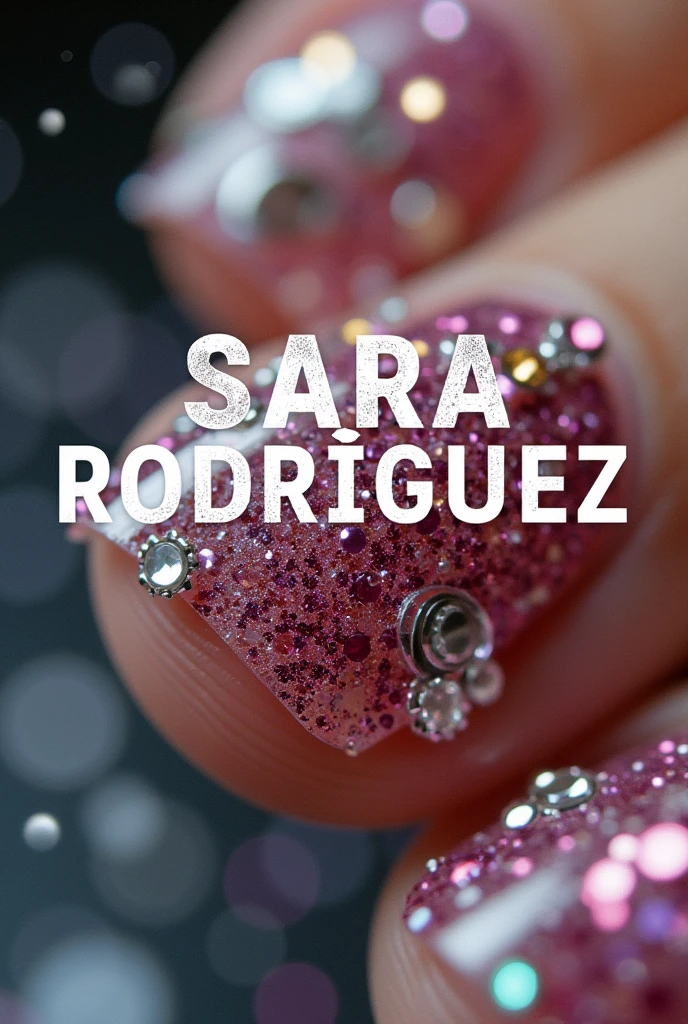 The word SARA RODRÍGUEZ nails in the foreground with decorated nails in the background