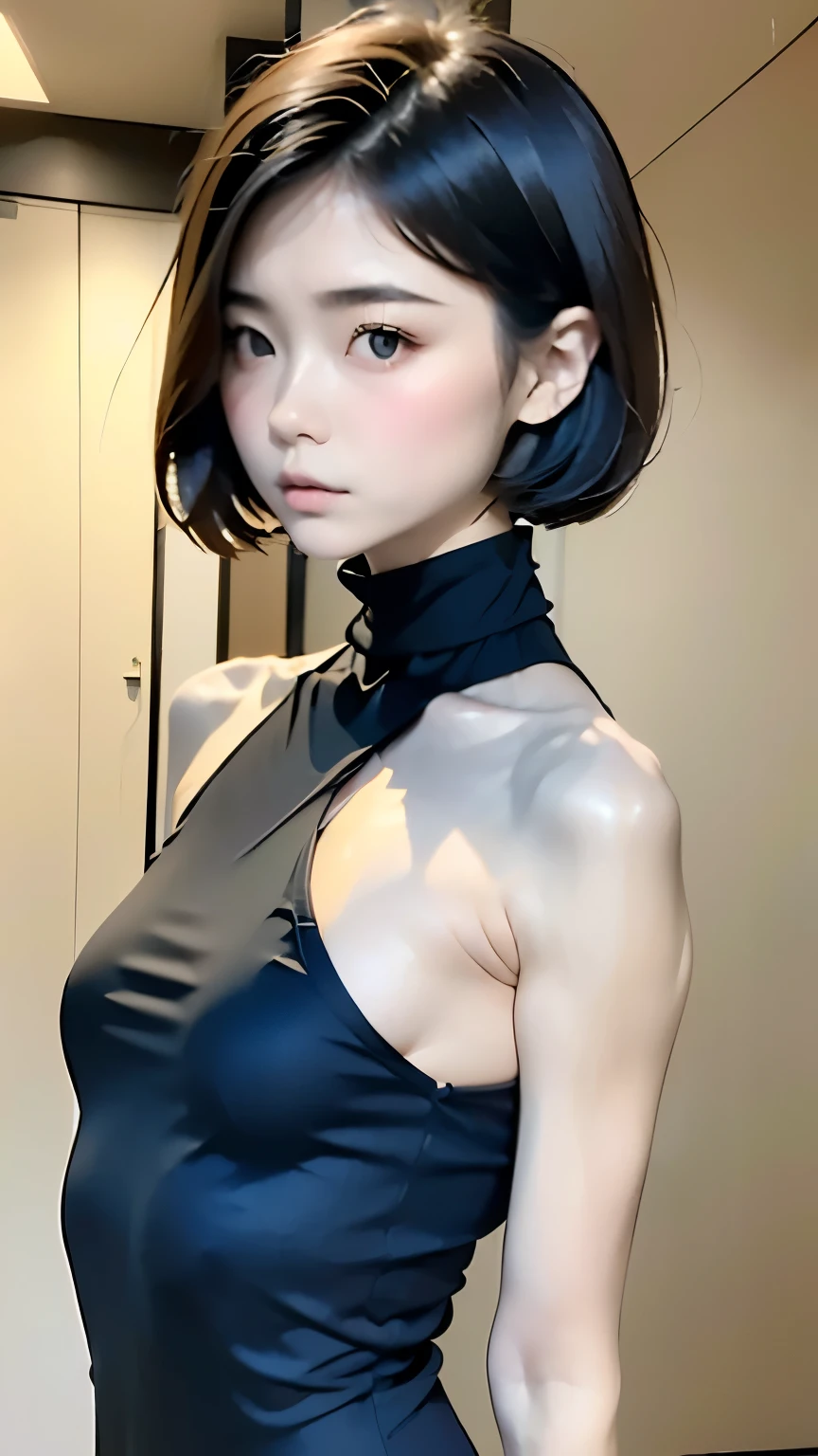 Highest quality、masterpiece、Perfect Anatomy、Center of chest,Black Dress,turtleneck, (((, slim, short hair)))、Small breasts、Small breasts、Flat Chest、turtleneckのニット