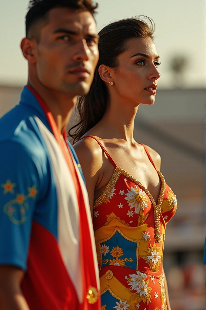 make an outfit for a woman and a man for the Los Angeles Olympics that is beautiful but also extravagant and very nationalistic