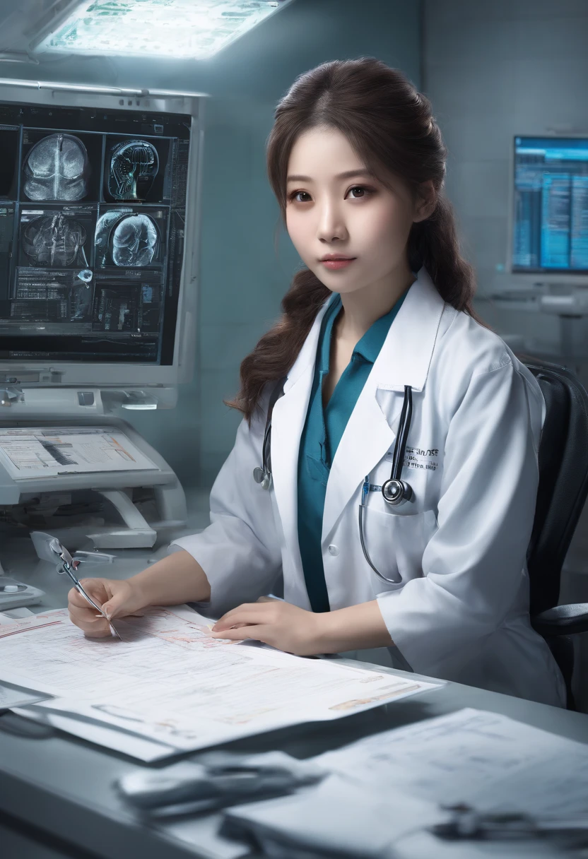 High-tech medical room,Beautiful and charming,1st Place Japan Women,Fox ears,long hair shawl,Doctor's attire,Sitting at the table,Reviewing the resume