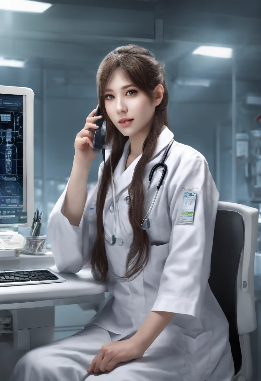 High-tech medical room,Beautiful and charming,1st Place Japan Women,Fox ears,long hair shawl,Doctor's attire,Sitting at the table,Reviewing the resume