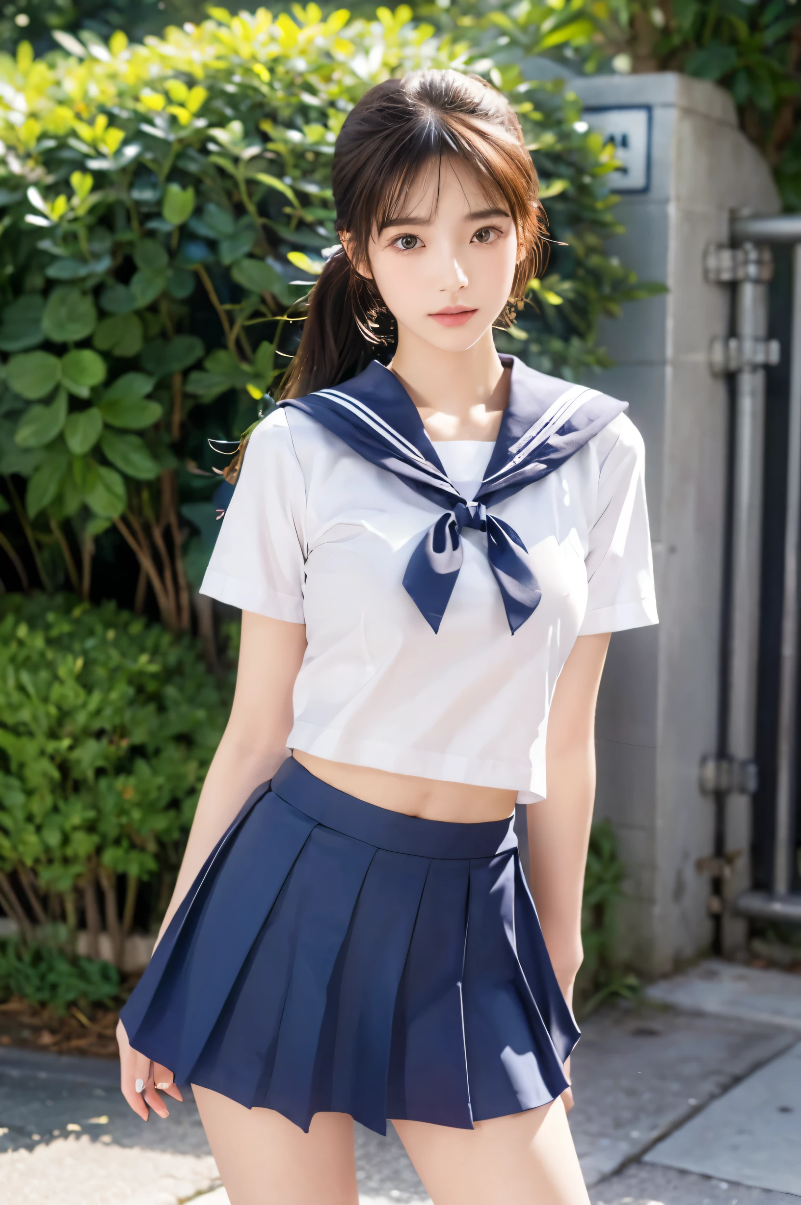 (Ultra HD), (Short-sleeved sailor uniform, Navy blue mini skirt), Big Breasts, slender, Narrow waist, (I can see my belly button:0.6), whole body, Standing posture, (Beautiful Skin, Shiny skin, White skin), (Super slim face, Super beautiful face), (ponytail, Layered Cut, Fluffy hair), (double eyelid, Slanted Eyes), Small Nose, Thin lips, Thin legs, In front of the school gate, evening