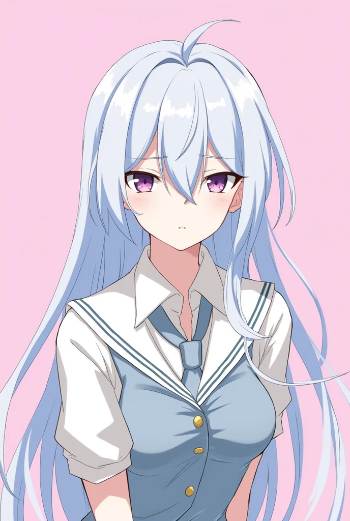 masterpiece, high quality, hcnone, pixel art, 1 woman,Sky blue is like that, simple pink background, shiny hair, one side up, long hair, hair between eyes, silver hair, head tilt, expressionless