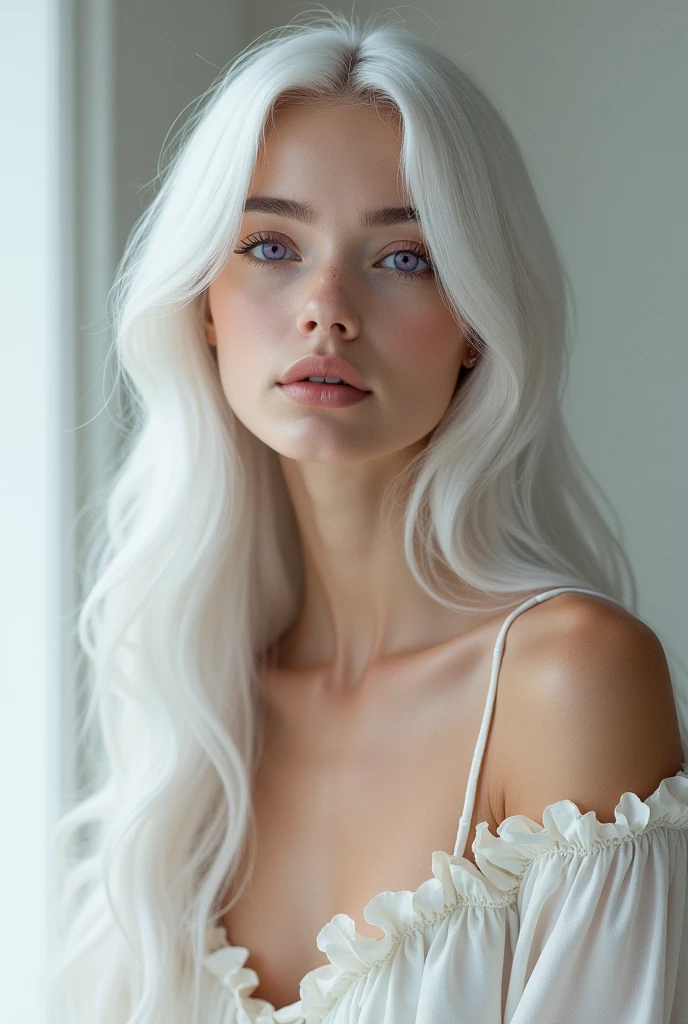 Create a beautiful model woman, long white hair, white eyelashes and eyebrows, purple eyes, 0 years, French or European nationality. Make him look ahead.