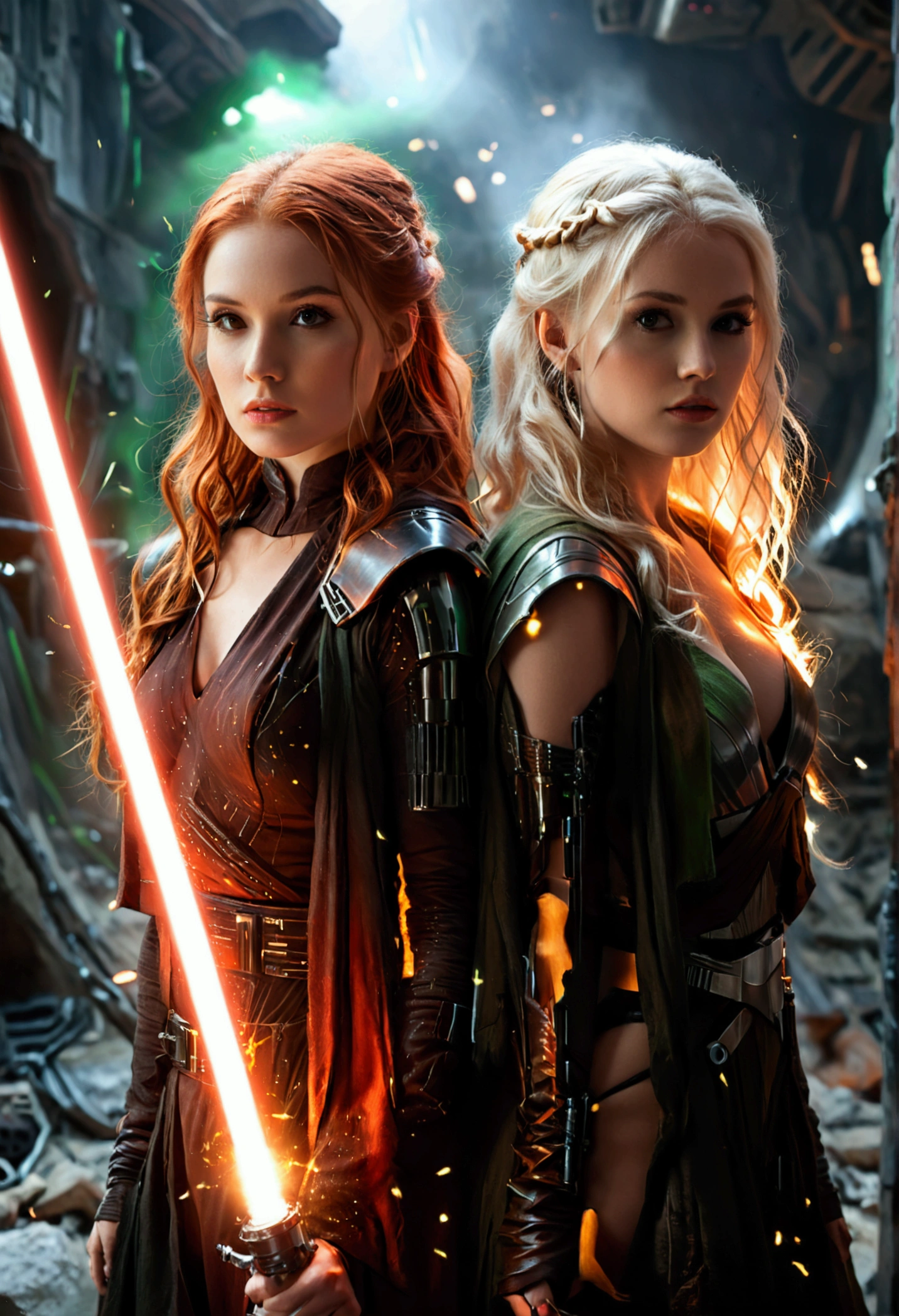 (full body shot:1) photorealistic image of two (standing pose:1) women, ultrarealistic, photography, one with long red hair, woman, 24 years old, hourglass figure, perfect body, seductive look, natural medium breasts, blur background, in complete darkness, she is wearing a sith robe, she is holding a red lightsaber, the lightsaber is the only lightsource, on a dark destroyed spacestation, explosion in the background, long sexy legs, the other girl has platinum blonde long hair, 30 years old, curvy figure, she is wearing a jedi robe, green lightsaber, side view, crossing lightsabersin a battle, sparks are flying, dynamic shot, action shot