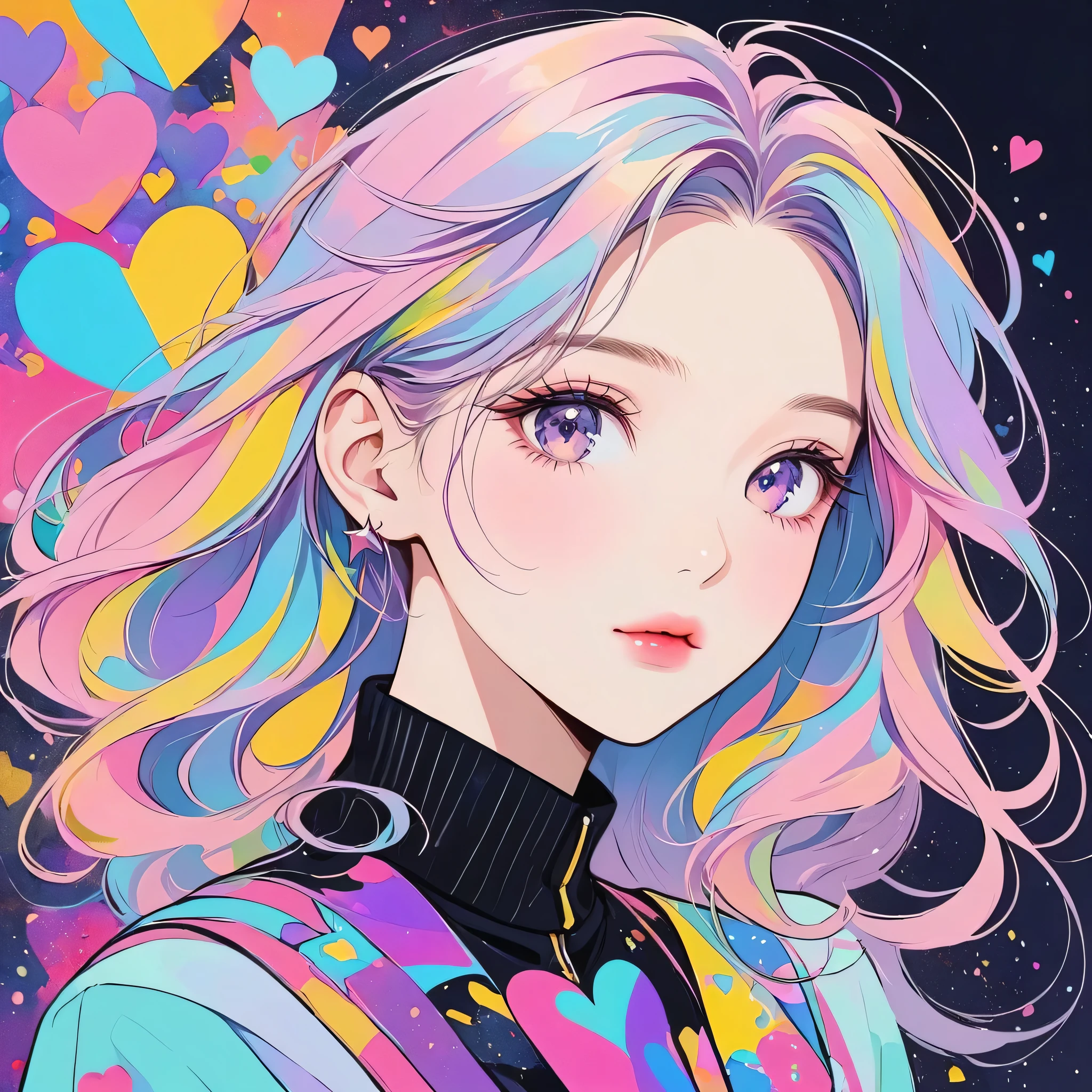 Black Star pastel color style, Simple Line Initialism,Abstract art,Urban Background, (((The most beautiful girl of all time))), Sweet face. Lips in love, colorful hearts, stylish design