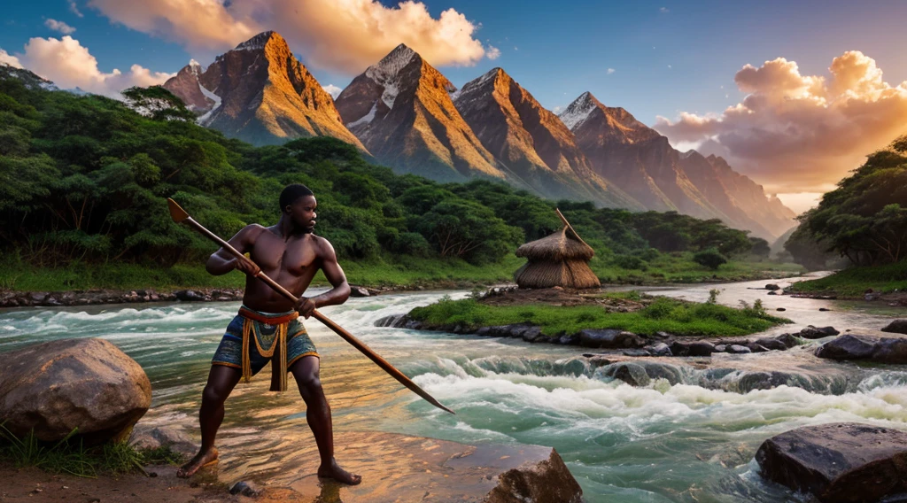 Create realistic image of the land of Shumba, where the majestic mountains kissed the sky and the rivers flowed like lifeblood. Showing a man of 30 years Kofi, a warrior sharpening his spear in a stone in front of his hut. 