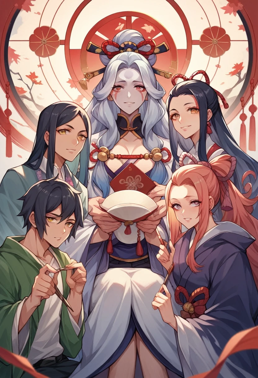 High quality illustrations,6 men and women（2 men,4 women）group, Group illustration,Cool, The Detailed Art of the Onmyoji, beautiful painting style, The Style, masterpiece, Top Quality, Highest quality, Ultra-high resolution
