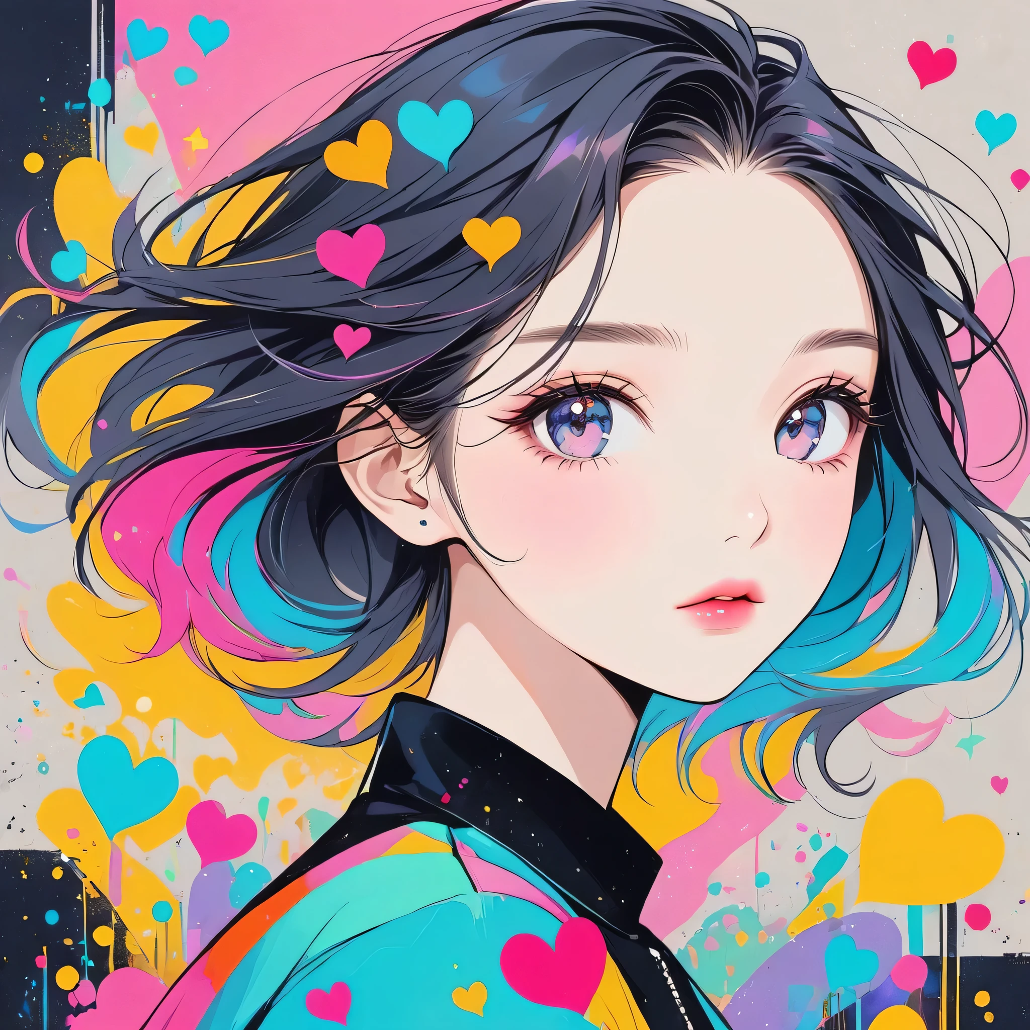 Black Star pastel color style, Simple Line Initialism,Abstract art,Urban Background, (((The most beautiful girl of all time))), Sweet face. Lips in love, colorful hearts, stylish design