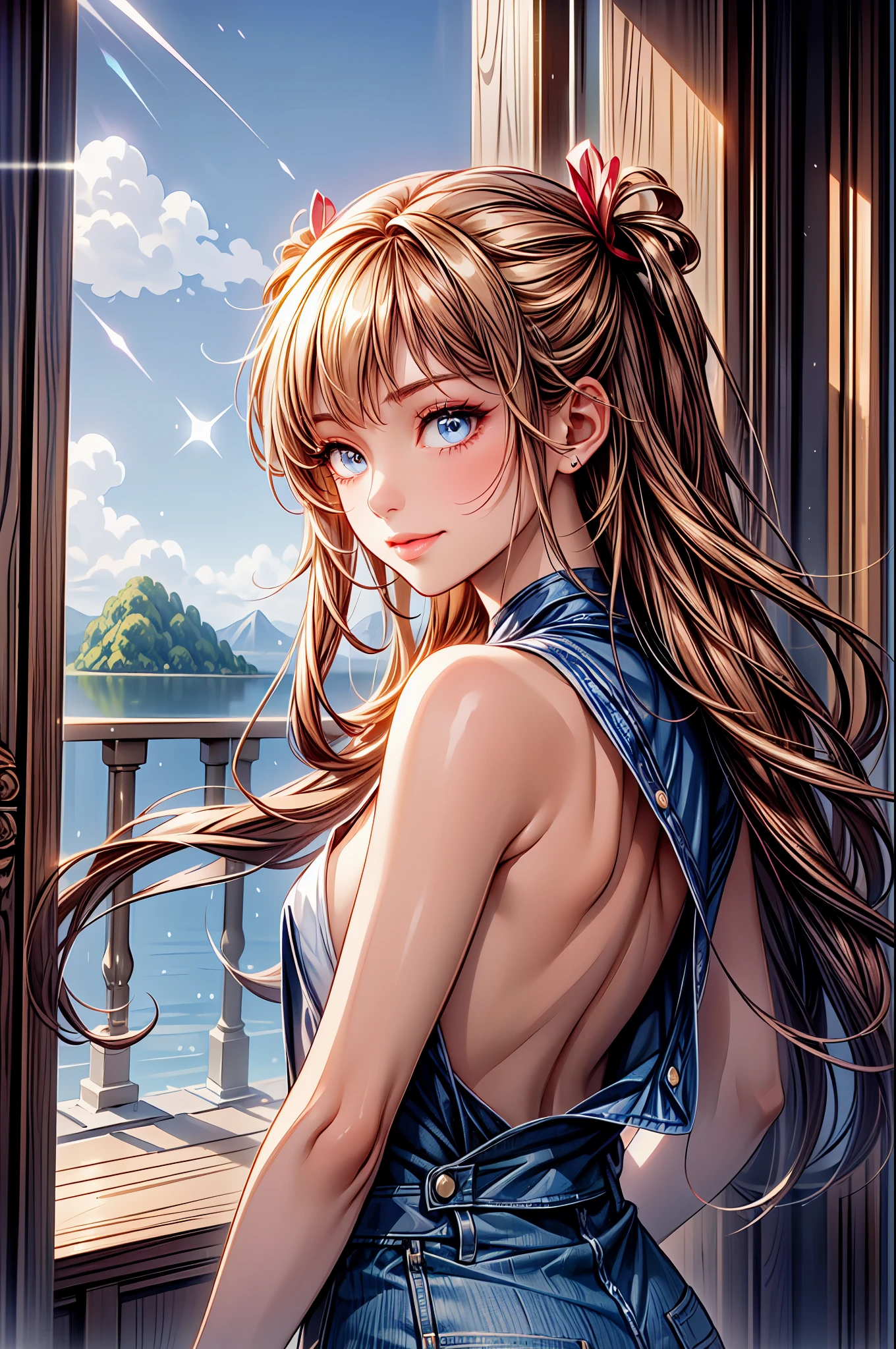 (masterpiece, best quality:1.4), (8K), Young blonde beauty, (((18 years old, neat girl))), detailed blue eyes, long eyelashes, blush, kind smile, upper body, topless small breats, denim short shorts, (from side), (looking at viewer), beautiful blonde hair, white-skinned, long hair, parted bangs, (small breasts), (valley, beautiful and magnificent skyline, majestic sky), colorful natural light)