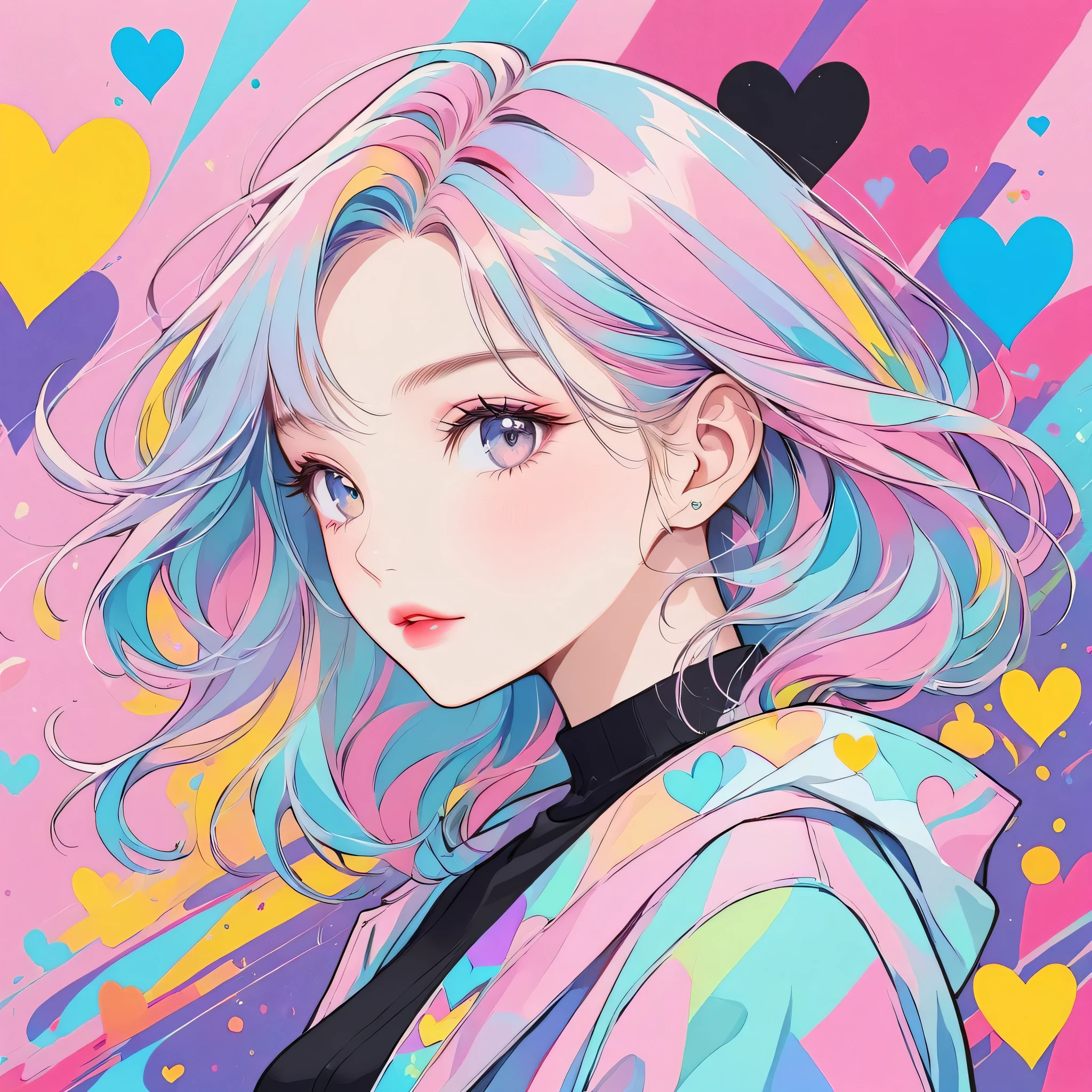 Black Star pastel color style, Simple Line Initialism,Abstract art,Urban Background, (((The most beautiful girl of all time))), Sweet face. Lips in love, colorful hearts, stylish design