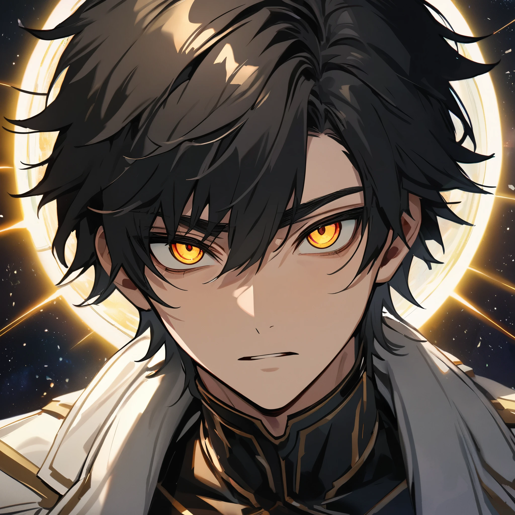 High quality, HD, 4k, no shadows, handsome male, 1male, s old, teenager, jet black hair, short black hair, dark hair, black hair, sharp eyes, deep gold colored eyes, dark golden colored eyes, deep gold eyes, gold eyes, devil may cry, close up, calm expression, stoic expression, black leather clothes, white leather clothing, lean body, well trained body, upper body, looking at viewer, cowboy shot, white solar, space background