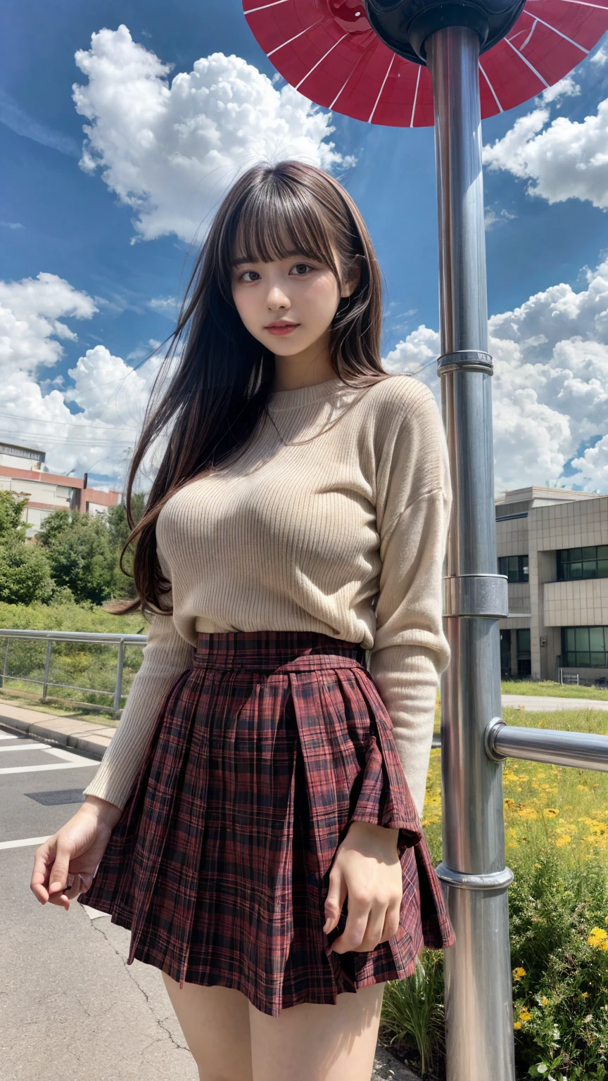 1 giantess standing above the city，Graceful figure，1 girl,big deal_breast, long_sleeve, outdoor, , shooting, Plaid, Plaid_skirt, strength_Lines, School_, skirt, Sky, alone, underwear, upskirt, Utilities_No, wind_turbine,realistic art,(emphasize),Look up at camera,a giantess, crying a little、 Harajuku style、20 year old girl、cute type、lolita、beautiful legs,