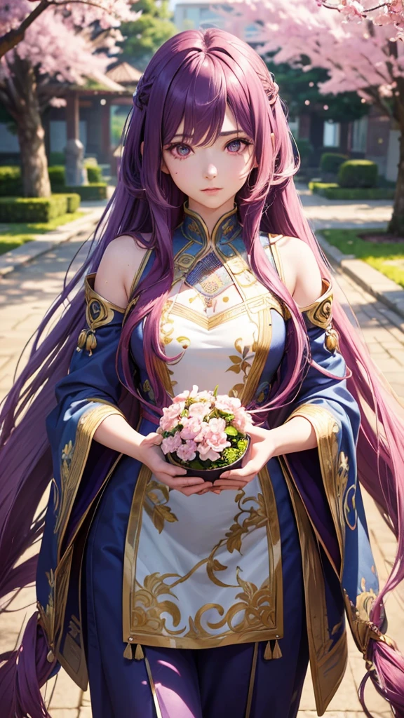 a beautiful anime girl with long,wavy purple hair,highly detailed face,big expressive eyes,small nose,full lips,delicate facial features,detailed clothing,intricate dress design,flowing fabric,detailed background,cherry blossom trees,soft lighting,pastel colors,cinematic composition,masterpiece,(best quality,8k,highres,extremely detailed,photo-realistic:1.4),digital art,concept art,anime style