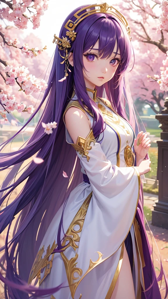 a beautiful anime girl with long,wavy purple hair,highly detailed face,big expressive eyes,small nose,full lips,delicate facial features,detailed clothing,intricate dress design,flowing fabric,detailed background,cherry blossom trees,soft lighting,pastel colors,cinematic composition,masterpiece,(best quality,8k,highres,extremely detailed,photo-realistic:1.4),digital art,concept art,anime style