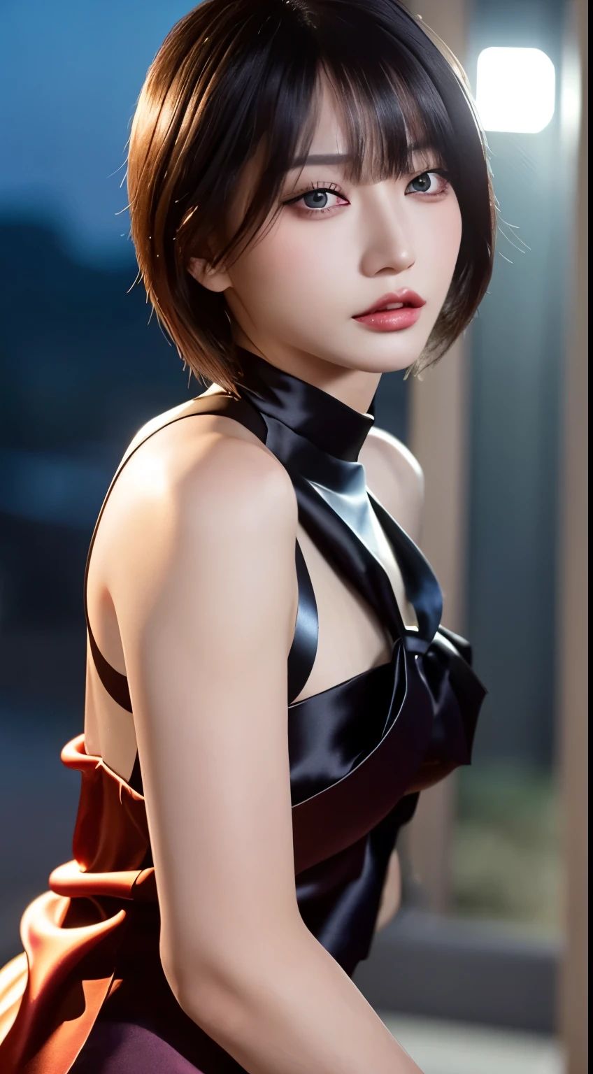 masterpiece, Beautiful girl, detailed, Swollen eyes, (A revealing silk bodycon dress:1.6)、Highest quality, 超High resolution, (reality: 1.4), Original photo, One Girl, Cinema Lighting, (Laughter:0.6), Japanese, Asian Beauty, Korean, Proper, really beautiful, A slightly younger face, Beautiful skins,Orange Hair、 Slim and small chested, Wear a bodycon dress that shows off your curves:1.6、Night view background, (Ultra-realistic), (Consciousness upward), (High resolution), (8k), (Very detailed), (The best Consciousness upwardns), (Beautiful and detailed eyes), (Super detailed), (wallpaper), (Detailed face), Looking at the audience, Detailed, Detailed face、Deep Shadow、Inconspicuous、Pure erotic face ace_v1、46 point diagonal bangs、Look straight ahead、Dress appropriately、Eye color: black、
