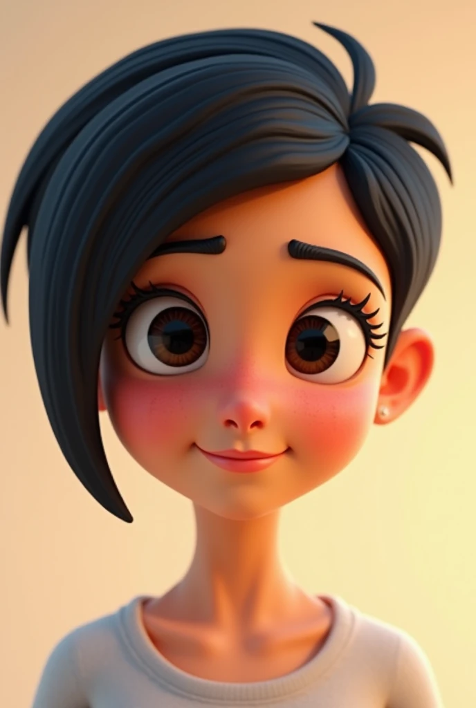 Cartoon 3D, A young woman, with very short hair, smooth and black, olhos grandes e pretos, She's looking forward.