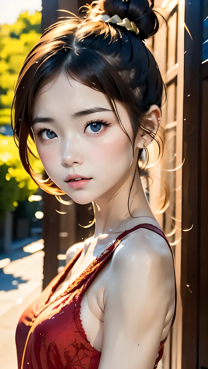 Highest quality、masterpiece、Portrait、Cute Japanese Girl, (Brown Hair), ((Hair Bun)), Perfect Face, An innocent smile, Upper Body,(blue eyes), (small), (thin)、((small胸)), ((Only 16))、 Skin Dentition, Extremely detailed, Attractive oval face, Red lips, Red cheeks, Glowing Skin, Fine hair, Face Focus, Gorgeous hair ornament, Gold earrings, ((1 girl)), Embarrassed expression,