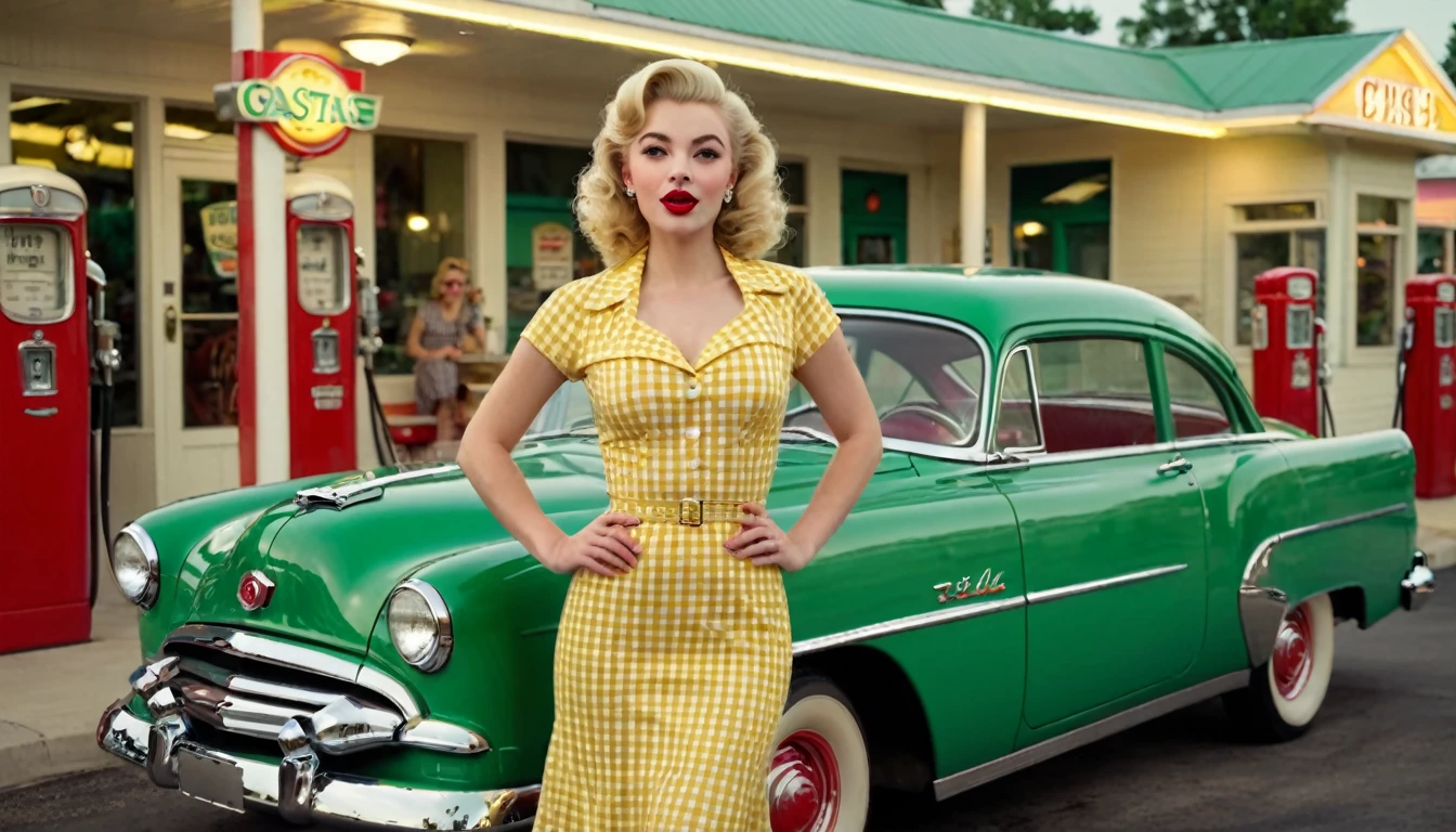 A beautiful young blonde woman with vintage 1950s style pinup stands confidently in front of a classic green car at a retro gas station. She wears a form-fitting, yellow gingham dress that accentuates her figure, complemented by red lipstick and elegant, curled blonde hair. The gas station has a nostalgic feel, with green and cream accents and a classic gas pump. The night sky above is clear, adding a serene ambiance to the scene. The overall mood is nostalgic and glamorous, capturing the essence of mid-20th-century Americana. perfect face, Ultra realistic photo, vibrant colors, 16k