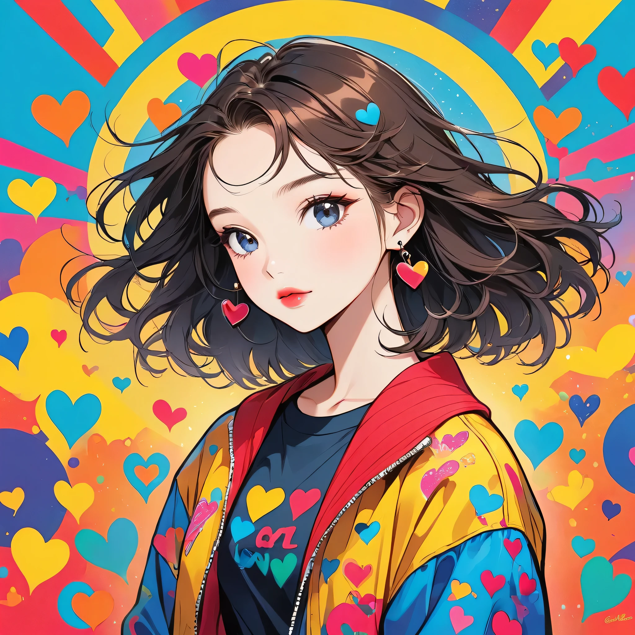 Keith Haring colorful style, Simple Line Initialism,Abstract art,Urban Background, (((The most beautiful girl of all time))), Sweet face. Lips in love, colorful hearts, stylish design, (((黒い瞳)))