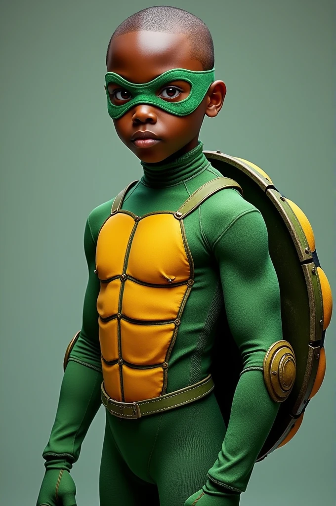 A 15 year old french-african, dark-skinned age boy with a turtle themed mask and hero costume in only various shades of green. He wears a loose hood over his head. His body suit is very tight-fitting but covers all of his body. He is bald, as he shaved his head off any hair, but has brown eyes.