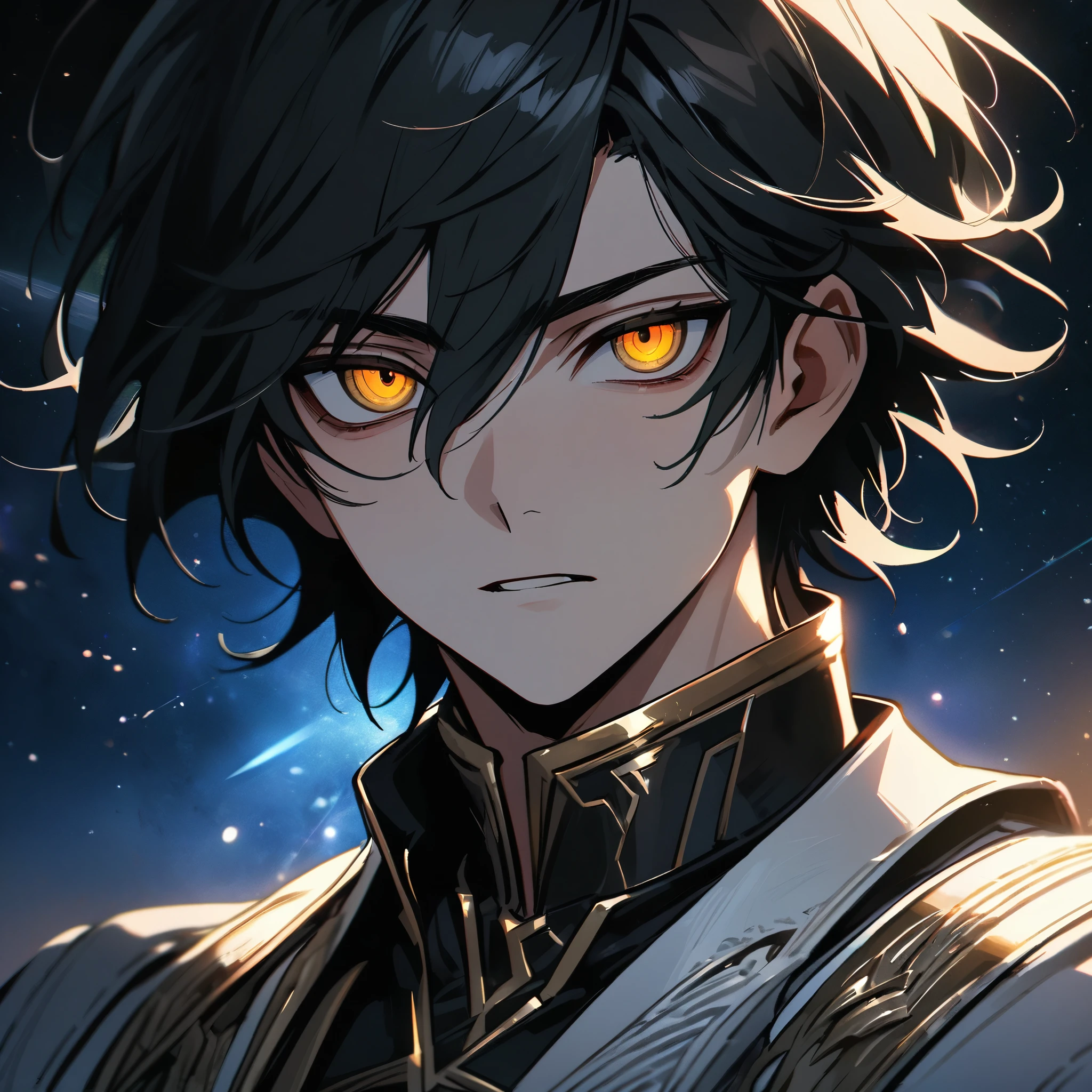 High quality, HD, 4k, no shadows, handsome male, 1male, 17 years old, teenager, short black hair, dark hair, black hair, sharp eyes, deep gold colored eyes, dark golden colored eyes, deep gold eyes, gold eyes, devil may cry, close up, calm expression, stoic expression, black leather clothes, white leather clothing, lean body, well trained body, upper body, looking at viewer, cowboy shot, white solar, space background