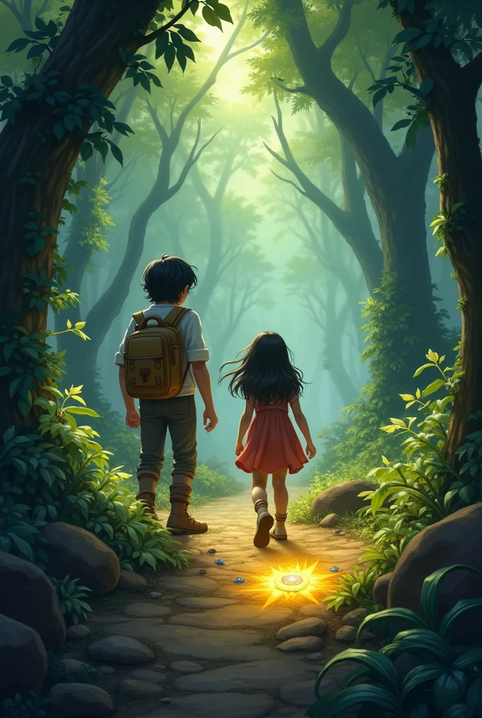 One morning, Pedro and Laura decided it was time to unravel the mystery of the Garden of Wishes. Armed with an old map and an amulet that Pedro had found in his grandmother's attic,, the two left for the forest. The amulet, gold with colored stones, seemed to shine whenever they were on the right path