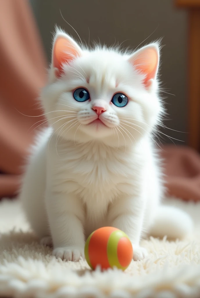 A white cat with blue eyes is playing with a ball and looking at the camera