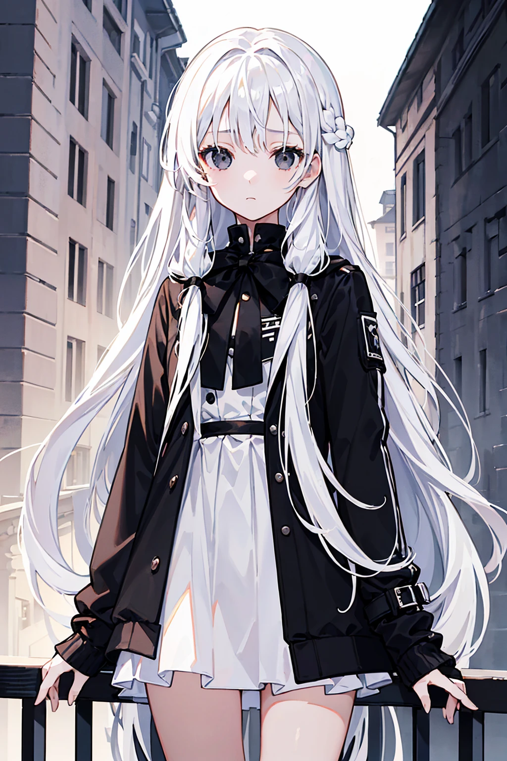 close-up, masterpiece, best quality, high details, (((a girl))), ((white long hair:1.2)), (black eyes:1.3), closed mouth, expressionless, Anime girl wearing Black jacket, white dress, Standing on the balcony