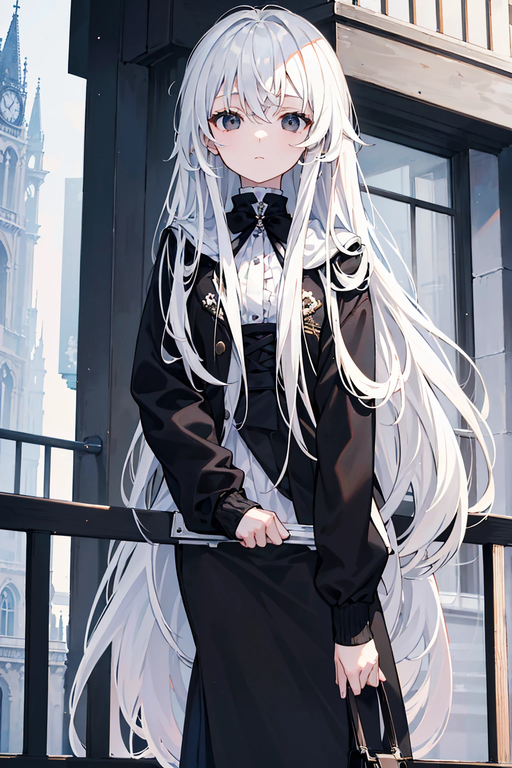 close-up, masterpiece, best quality, high details, (((a girl))), ((white long hair:1.2)), (black eyes:1.3), closed mouth, expressionless, Anime girl wearing Black jacket, white dress, Standing on the balcony