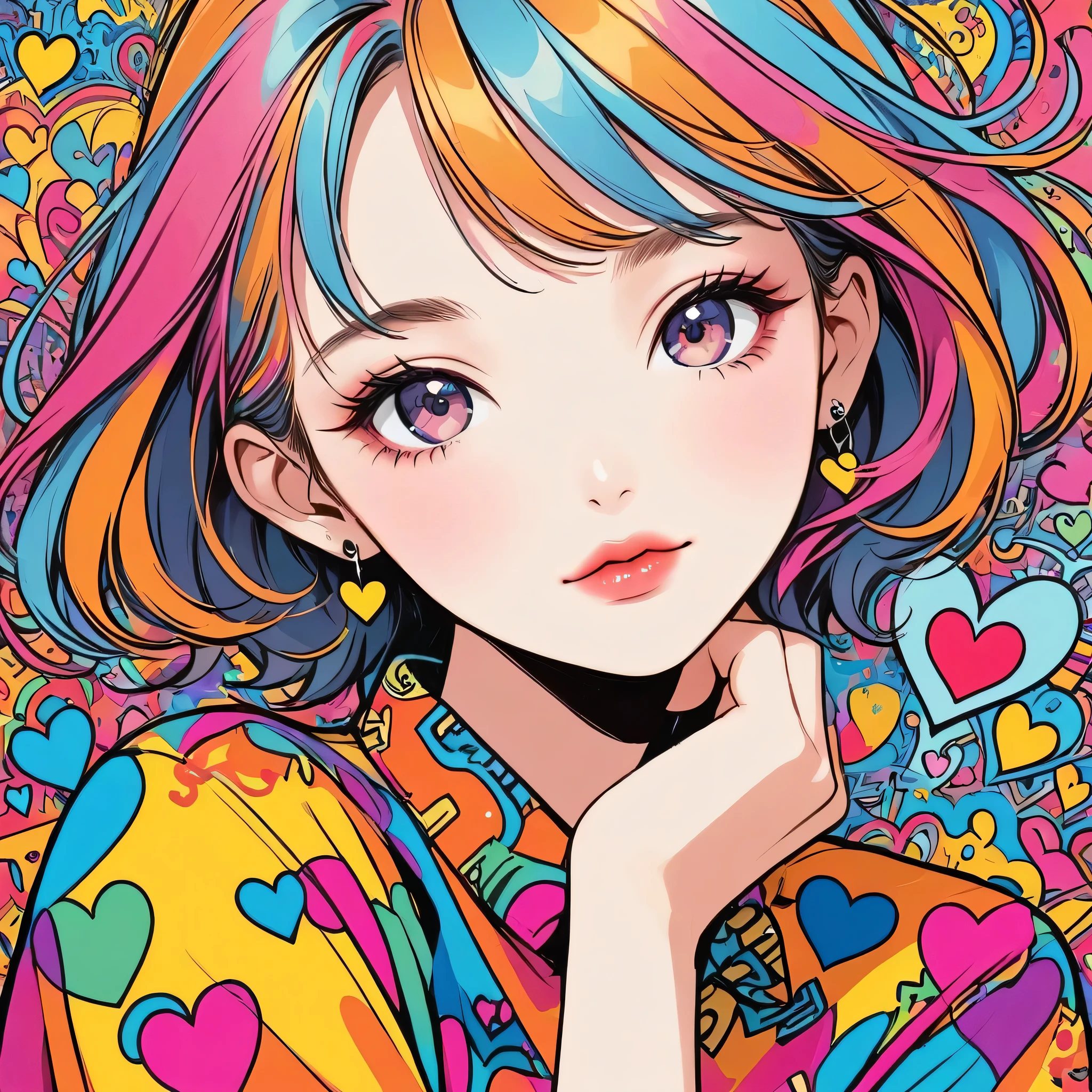 Keith Haring colorful style, Simple Line Initialism，Abstract art，Urban Background, (((The most beautiful girl of all time))), Sweet face. Lips in love, colorful hearts, stylish design, (((黒い瞳)))
