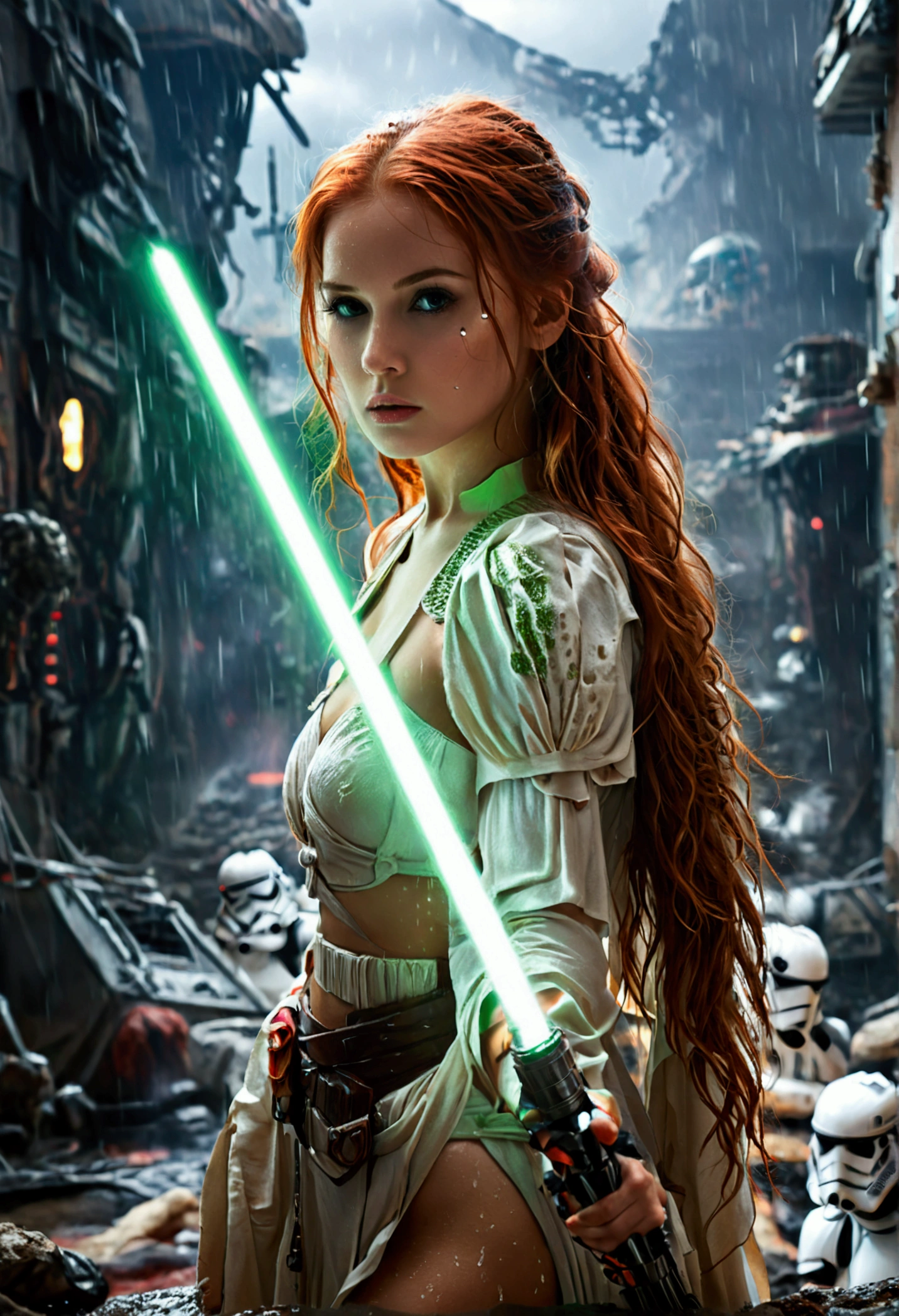 (full body shot:1) photorealistic image of a (standing pose:1) woman, ultrarealistic, photography, long red hair, woman, 24 years old, hourglass figure, perfect body, seductive look, natural medium breasts, blur background, in complete darkness, she is wearing a light jedi robe, she is holding a green lightsaber, the lightsaber is the only lightsource, on a dark destroyed space colony outside, it is raining, there is lightning in the background, there are destroyed buildings in the background, she is facing an army of stormtroopers, she looks into the camera, long sexy legs, wet hair