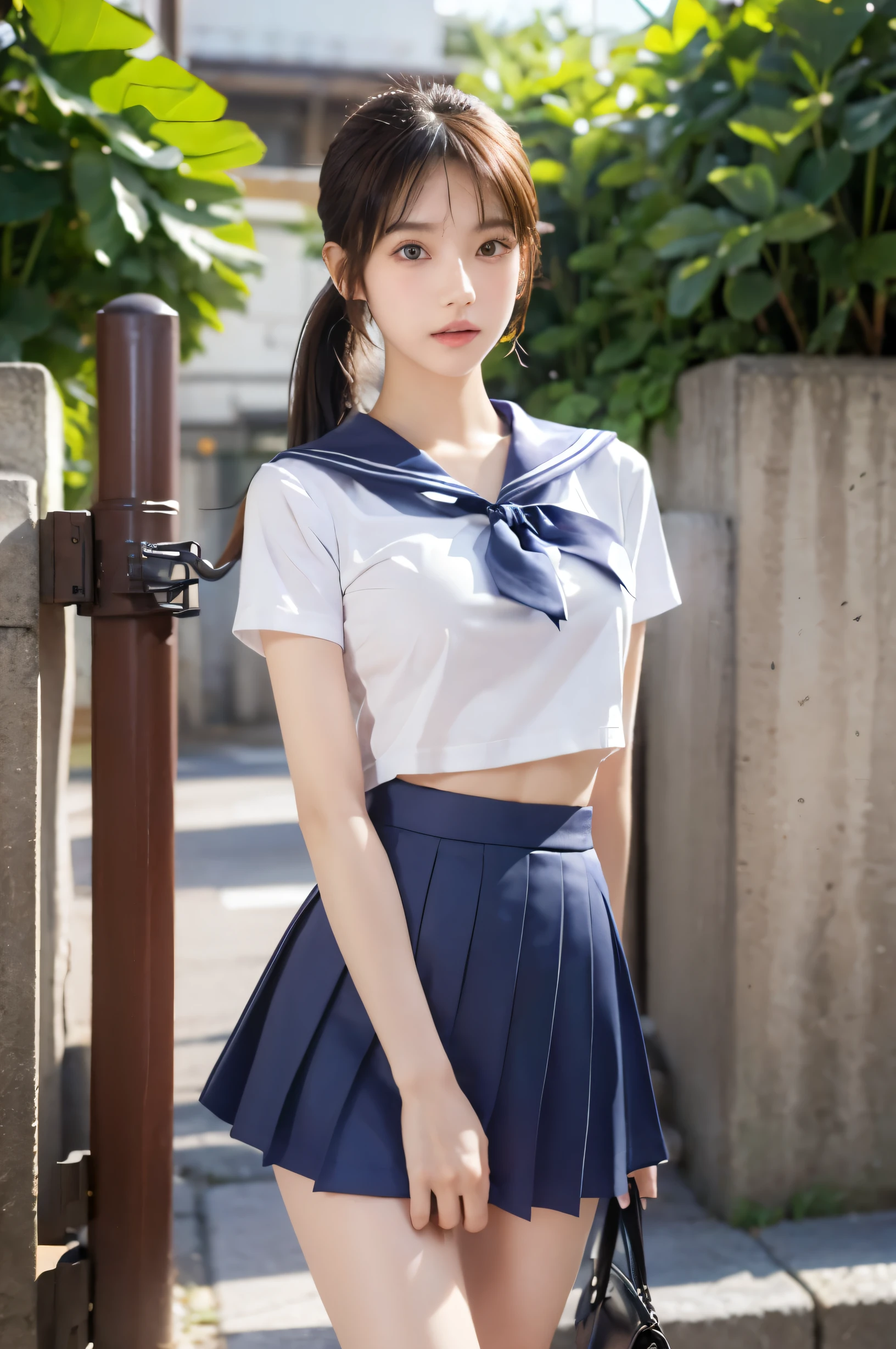 (Ultra HD), (Short-sleeved sailor uniform, Navy blue mini skirt), Big Breasts, slender, Narrow waist, (I can see my belly button:0.8), whole body, Standing posture, (Beautiful Skin, Shiny skin, White skin), (Super slim face, Super beautiful face), (ponytail, Layered Cut, Fluffy hair), (double eyelid, Slanted Eyes), Small Nose, Thin lips, Thin legs, In front of the school gate, evening