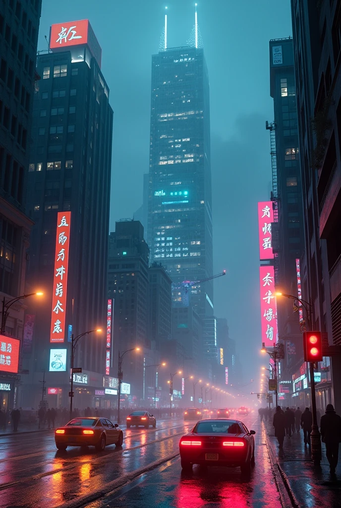(((Masterpiece))),high resolution,realistic details,sharp focus, hyper-realistic landscape photo of a dystopian New York City set in the year 2527, cyberpunk. The cityscape should feature futuristic skyscrapers going through the clouds with sharp details, illuminated by vibrant neon lights and holograms. Capture the scene from a street-level perspective during a dark and rainy night. The atmosphere should convey a bustling yet ominous mood, highlighting the contrast between the dystopian environment and advanced technology, super futuristic cars, flying cars.(Very detailed: 1.3),4k