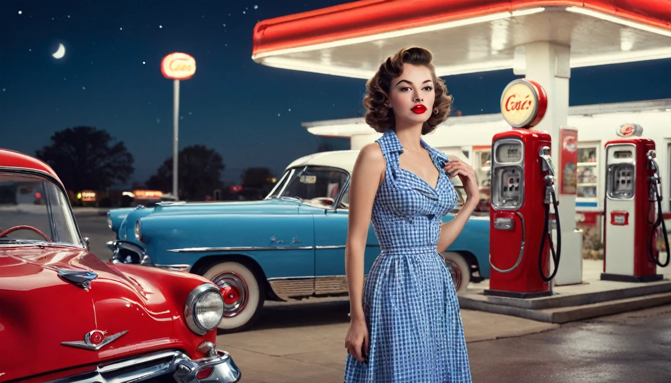 Beautiful young woman dressed in 1950s style vintage pin-up、Standing confidently in front of a classic blue car at a retro gas station。. She has a fit body, A blue gingham dress that accentuates her figure, Red lipstick and elegant, Curled brown hair. The gas station has a nostalgic atmosphere., Red and white accents and classic gas pump. The night sky above is clear, Add a calming atmosphere to the scene. The overall atmosphere is nostalgic and glamorous., Captures the essence of mid-20th century America. Perfect Face, Ultra-realistic photos, Vibrant colors, 16K