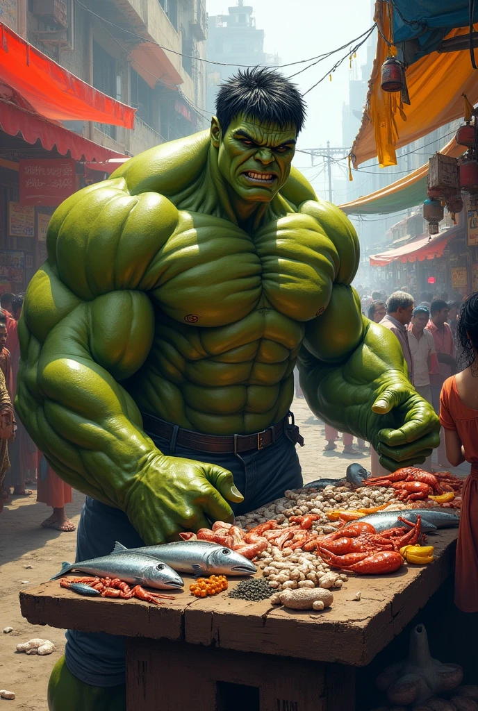 Hulk selling fish in Indian fish market 