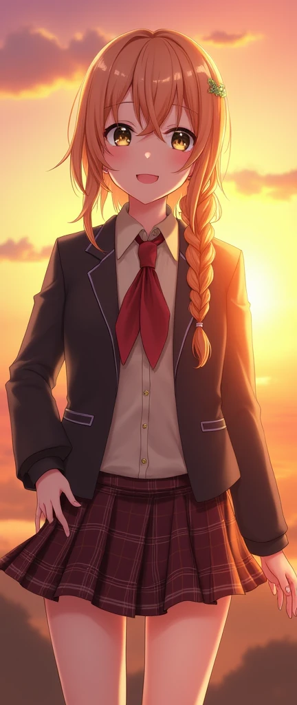 one girl, anime girl, cool, noble, jacket, plaid skirt, necktie, hair clip, proudly, slender, sunset, beautiful, boyish