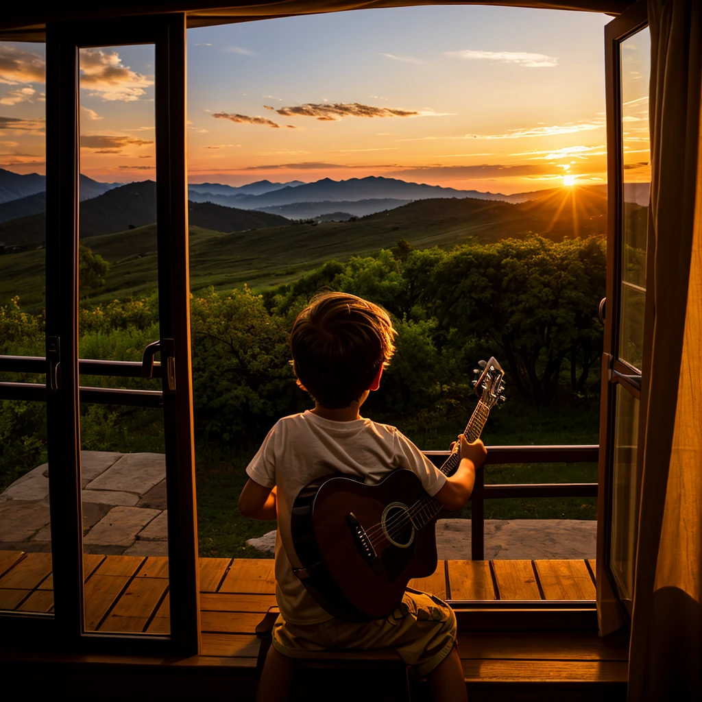 young boy playing guitar in fornt of sunset watching view from window .backgrount should be in natural area