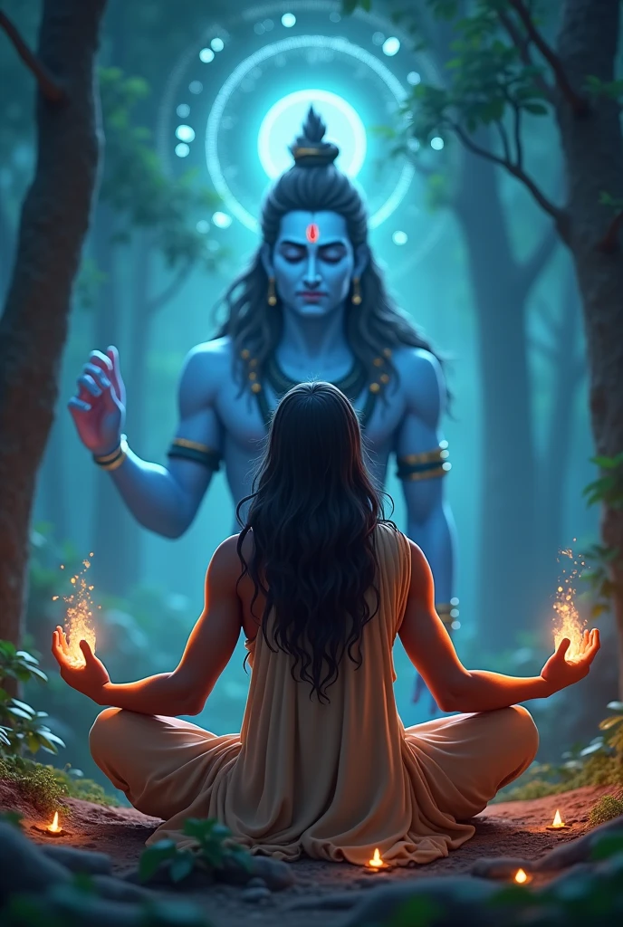 In cinematic cartoon style 3D " Image: Sage Shilad in deep meditation in a forest, surrounded by mystical energy and glowing symbols. Lord Shiva, depicted with a serene expression and radiant aura, appears before him. "