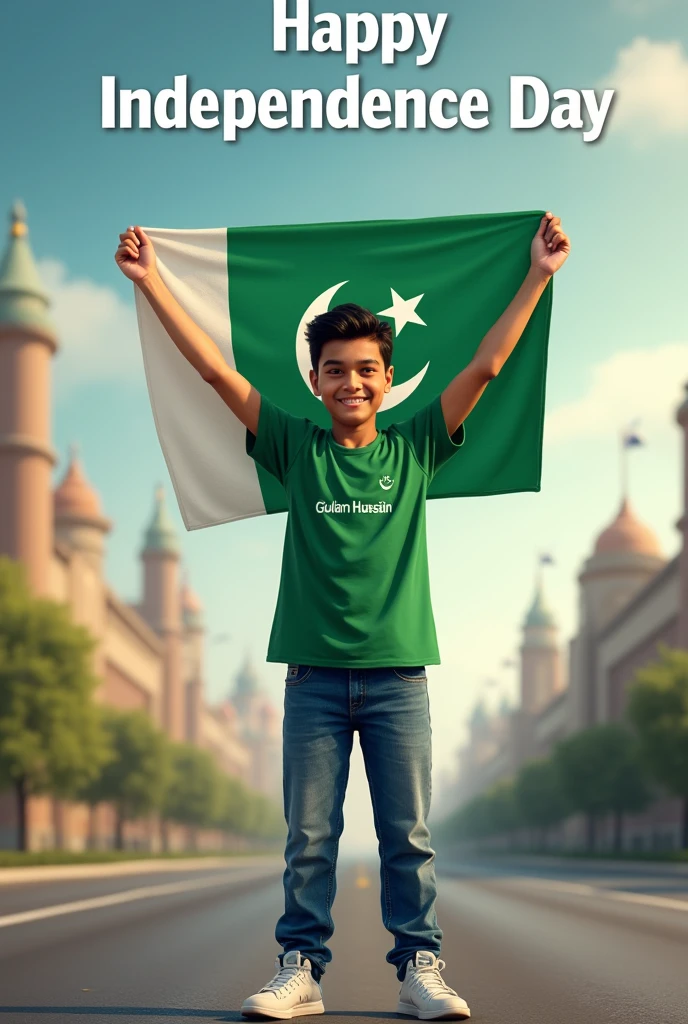 A real 18"years old boy, Wearing green T shirt blue jeans sneakers and the name “Gulam Hussain is written on his t-shirt and the boy is standing on the road with holding a national flag of Pakistan and behind him is the Lahore And written on sky “Independence Day” Create Realistic image high quality..