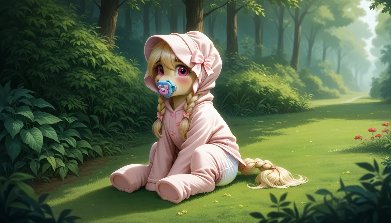 pony, beige earth pony, no horn, no wings, adult mare, lush mane braided into a braid, lush tail, sitting outside, dressed in an onesie, bonnet and booties, pacifier in mouth, solo, thick diaper under clothes, pink blush on cheeks, embarrassment, awkwardness.