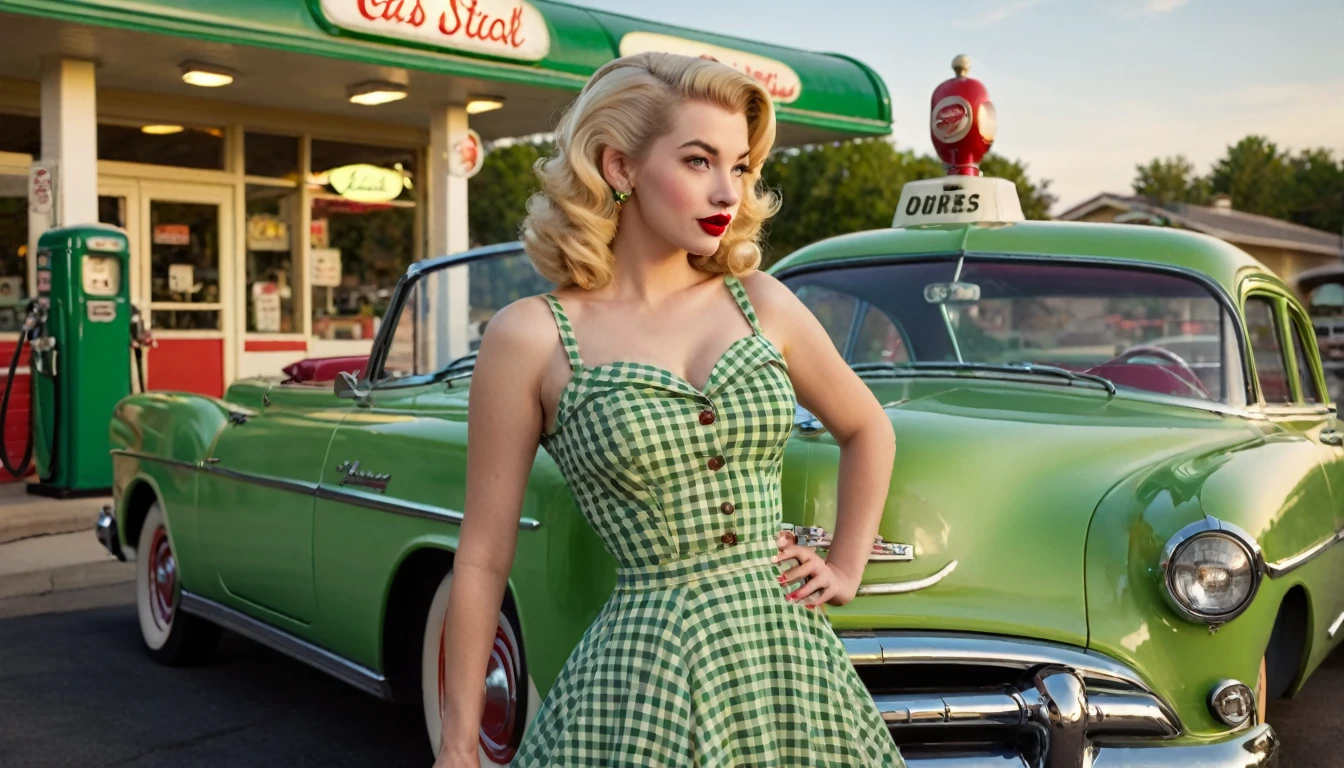 ultra-detailed, photorealistic, A beautiful young blonde woman with vintage 1950s style pinup stands confidently in front of a classic green car at a retro gas station. She wears a form-fitting, yellow gingham dress that accentuates her figure, complemented by red lipstick and elegant, curled blonde hair. The gas station has a nostalgic feel, with green and cream accents and a classic gas pump. The night sky above is clear, adding a serene ambiance to the scene. The overall mood is nostalgic and glamorous, capturing the essence of mid-20th-century Americana. perfect face, Ultra realistic photo, vibrant colors, 16k