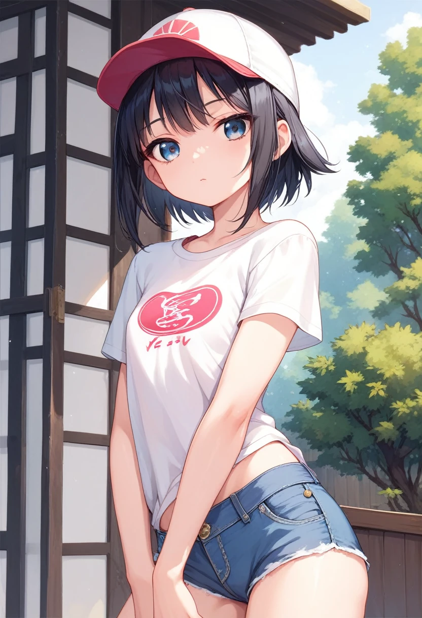 masterpiece, best quality, extremely detailed,,anime,girl, NSFW, boyish, tomboy,short hair, black hair, short, flat chested,, T-shirt, denim shorts, baseball cap, expressionless face, upturned eyes, Entrance of a Japanese inn,
