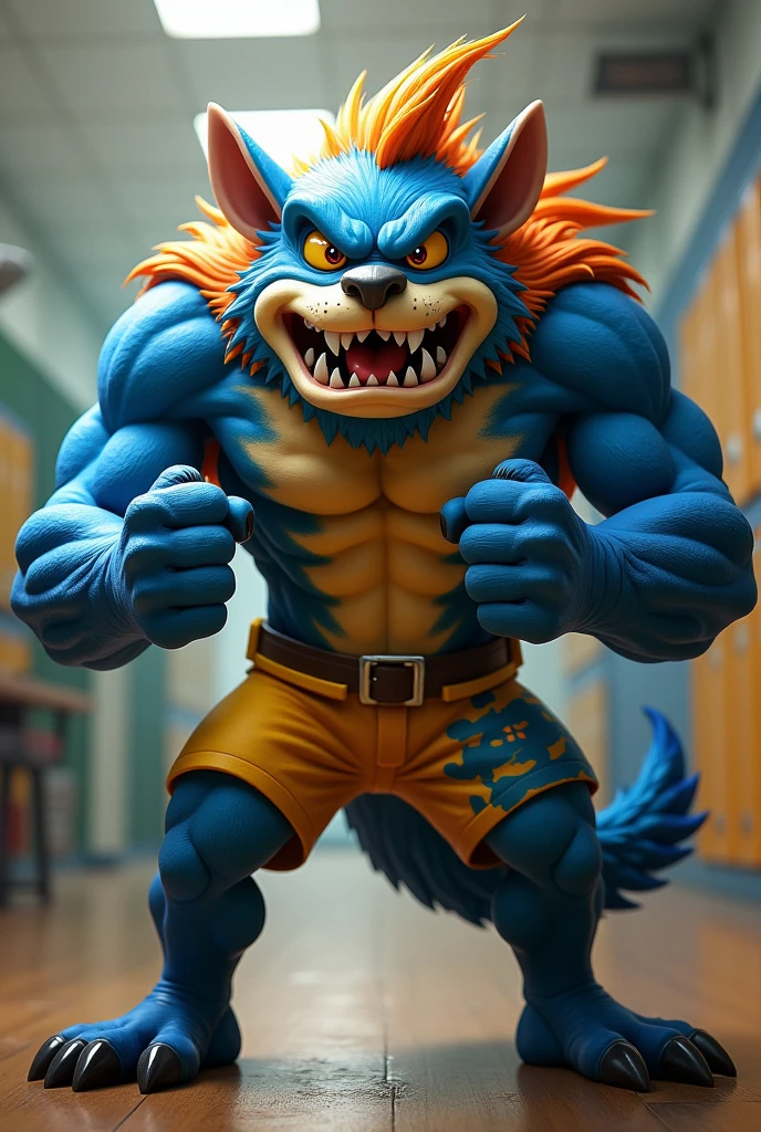 Create an angry mascot against bullying at school, containing the colors, yellow, Unripe,red and predominantly blue