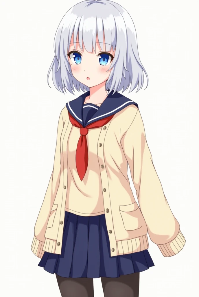 (masterpiece, best quality),
1girl, solo, 18 yo, (silver hair:1.3), bob cut, short hair, (hair over left eye:2), (cyan eyes:1.2), large breasts, BREAK, (sailor suit:1.2), dark blue collared, beige shirts, long sleeves, red neck ribbon, dark blue skirt, stockings, (beige cardigan:1.2)