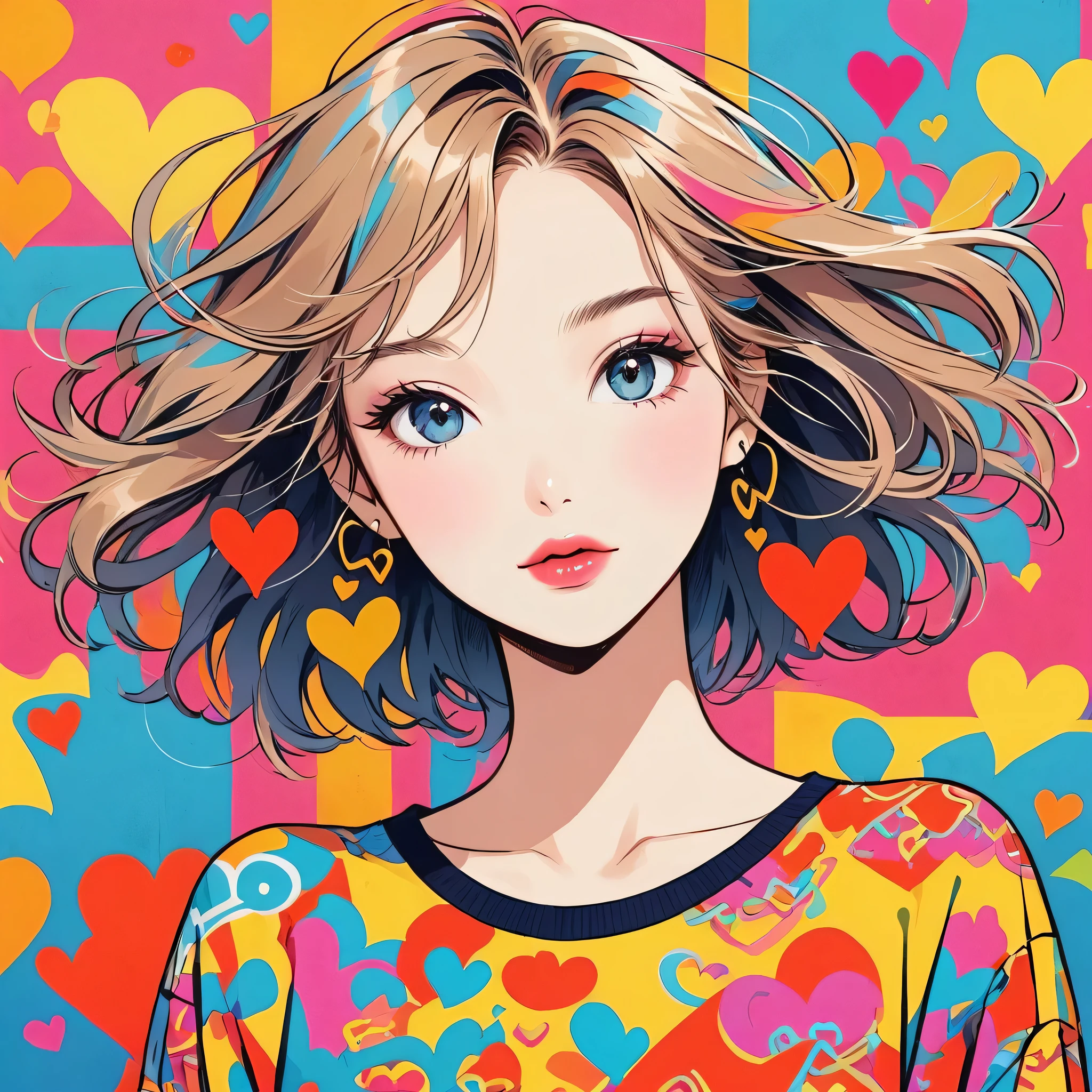 Keith Haring colorful style, Simple Line Initialism，Abstract art，Urban Background, (((The most beautiful girl of all time))), Sweet face. Lips in love, colorful hearts, stylish design