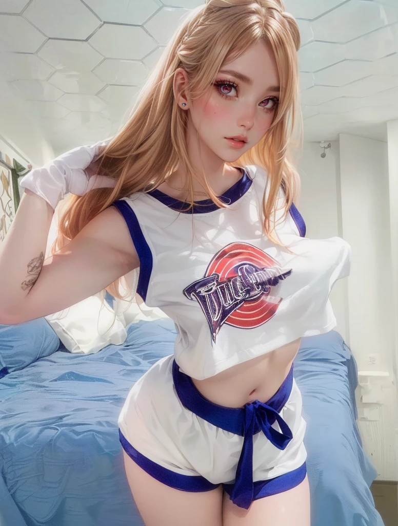 (1 lady), (Best quality at best:1.4), (ultra - detailed), (extremely detailed CG unified 16k), A Beautiful Woman with Perfect Figure: 1.4, Sharp Focus: 1.2, very detailed, High-definition RAW color photo, professional photoshooting, amazing face and eyes, cosmetics, (amazingly beautiful girl), ((lola bunny cosplay)), standing, sexyposture,(Stylish apartment room), realistic cinematic face, ((realistic natural orange red blonde hair style, red eyes:1.2, short hair)), gorgeous, extremely beautiful face, perfect model beauty, Highly Detailed Face and Skin Texture, Detailed Eyes, Double Eyelids, (masterpiece), best quality, high resolution, extremely detailed, blurred background, depth of field, cinematic lighting, amazing legs, high heels, clear and well-cared skin, athletic, (big proportions body, a bit fat), looking at viewer, red lips:1.2