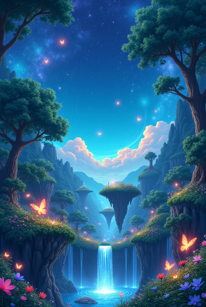 /imagine prompt: Viral anime nature wallpaper in 4K quality, in the style of digital illustration inspired by Satoshi Kon, depicting a dreamlike garden with floating islands, waterfalls cascading down, and glowing butterflies; surreal and vibrant color temperature, cosmos lighting with stars twinkling in the sky, no human characters, the atmosphere is surreal and mesmerizing --v 5 --stylize 1000