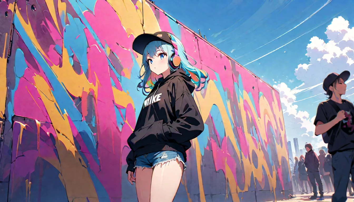 HD 8k cool sexy cute, solitary, 1 female, Medium Length Hair, white色的头发, Rainbow hair, blue eyes, Rainbow headphones, hoodie, colored hoodie, Black trucker cap, Hip-hop style large hoodie denim shorts, sneakers with Nike logo, white，people oriented, outdoor, Blue sky, white云, Graffiti pop spray paint art wall,